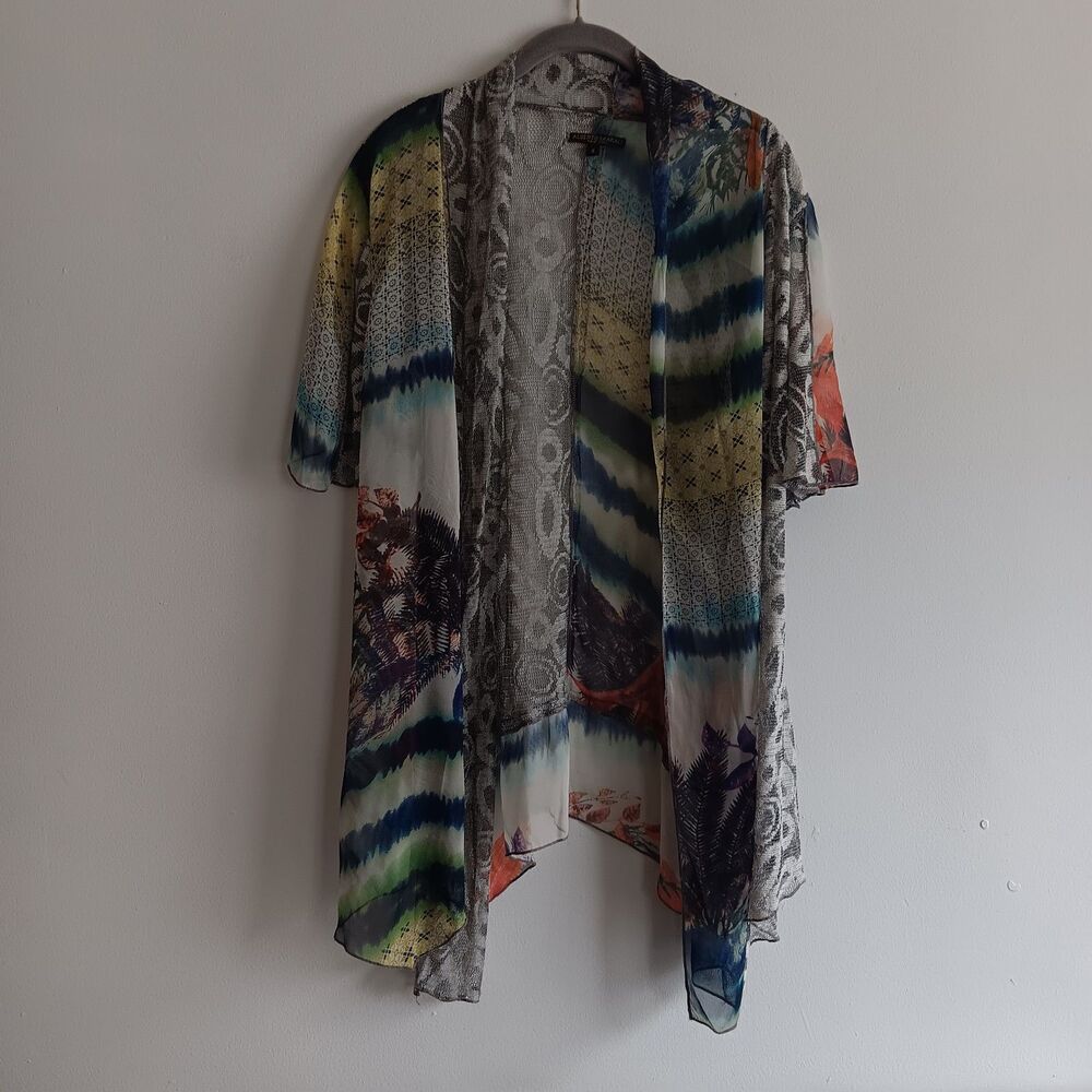 Alberto Makali sheer mixed‎ pattern open lightweight blouse kimono Sz S boho